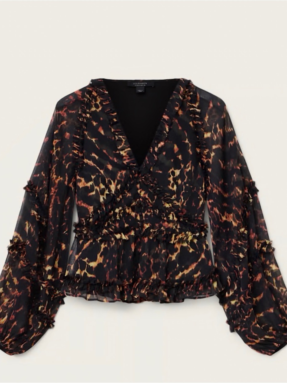 AllSaints Sheer Leopard-Print Ruffle V-Neck Blouse in Black and Brown